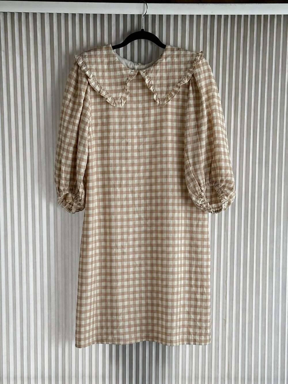 ROOLEE Beige Gingham Frill Collar Puff Sleeve Dress